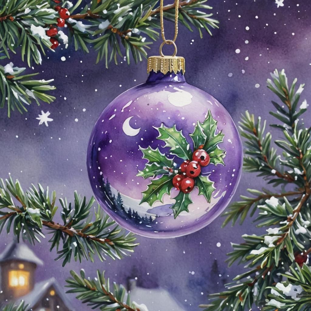 Bejeweled Ornament Reflecting Winter Town at Night