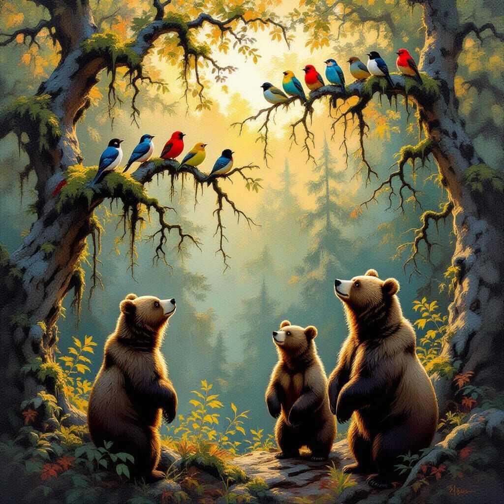 Bears Gaze Up at Songbirds in Golden Hour Forest Oil Paintin...