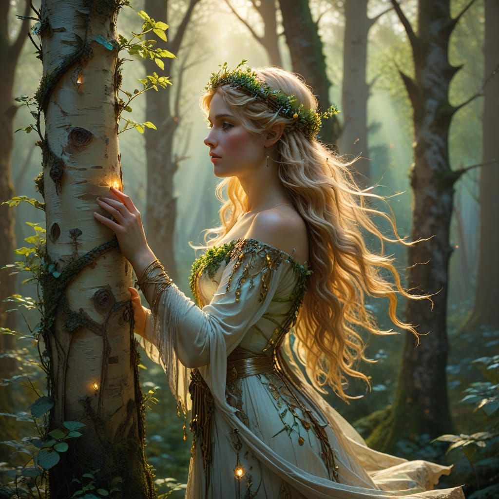 Blonde Dryad of Birch Tree in Enchanted Forest