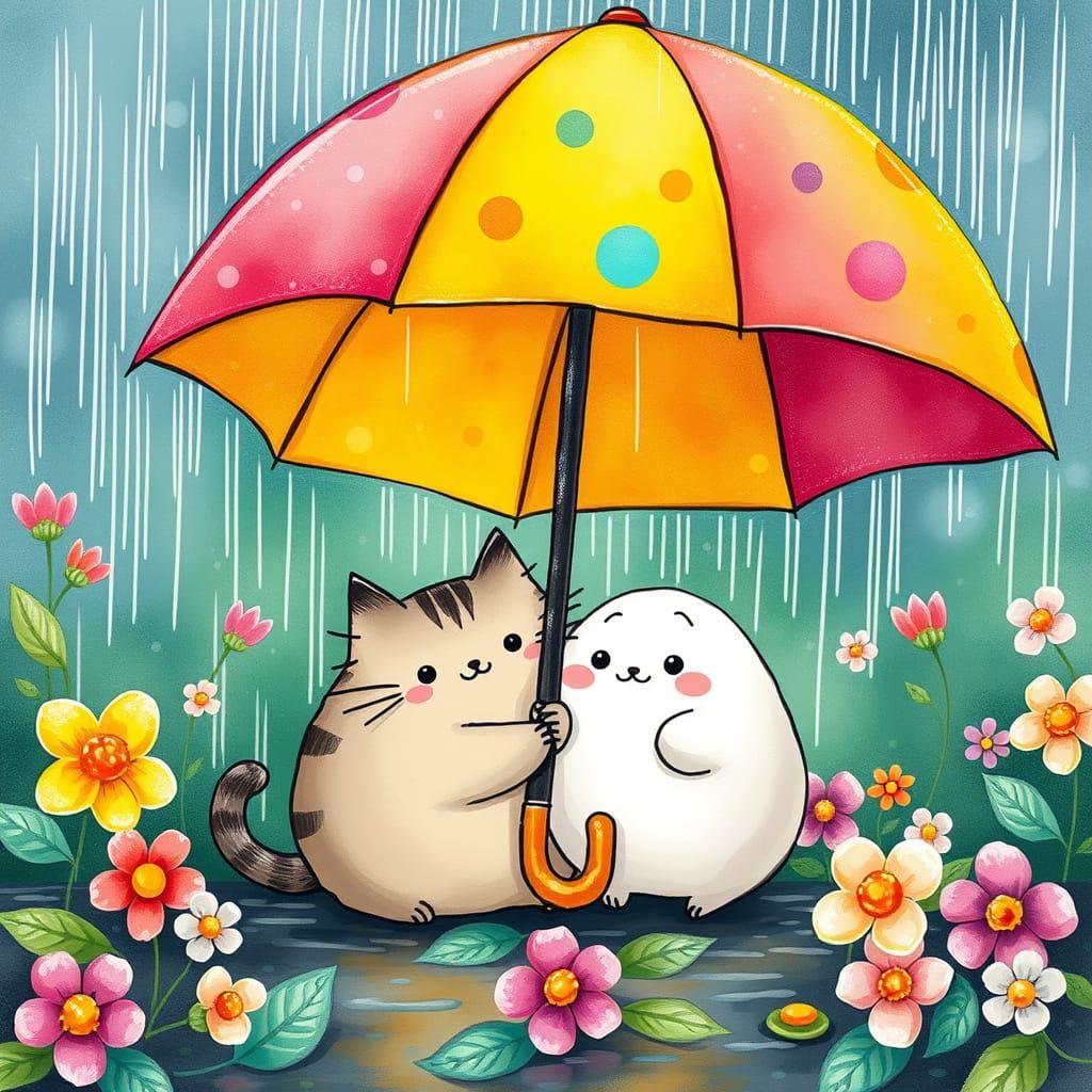 Whimsical Friends Under a Bright Polka-Dotted Umbrella