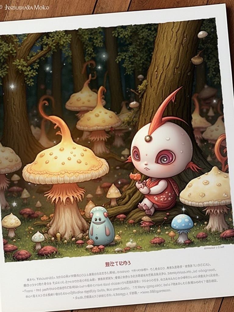 Dreamlike Labubu in Iridescent Forest with Glowing Mushrooms