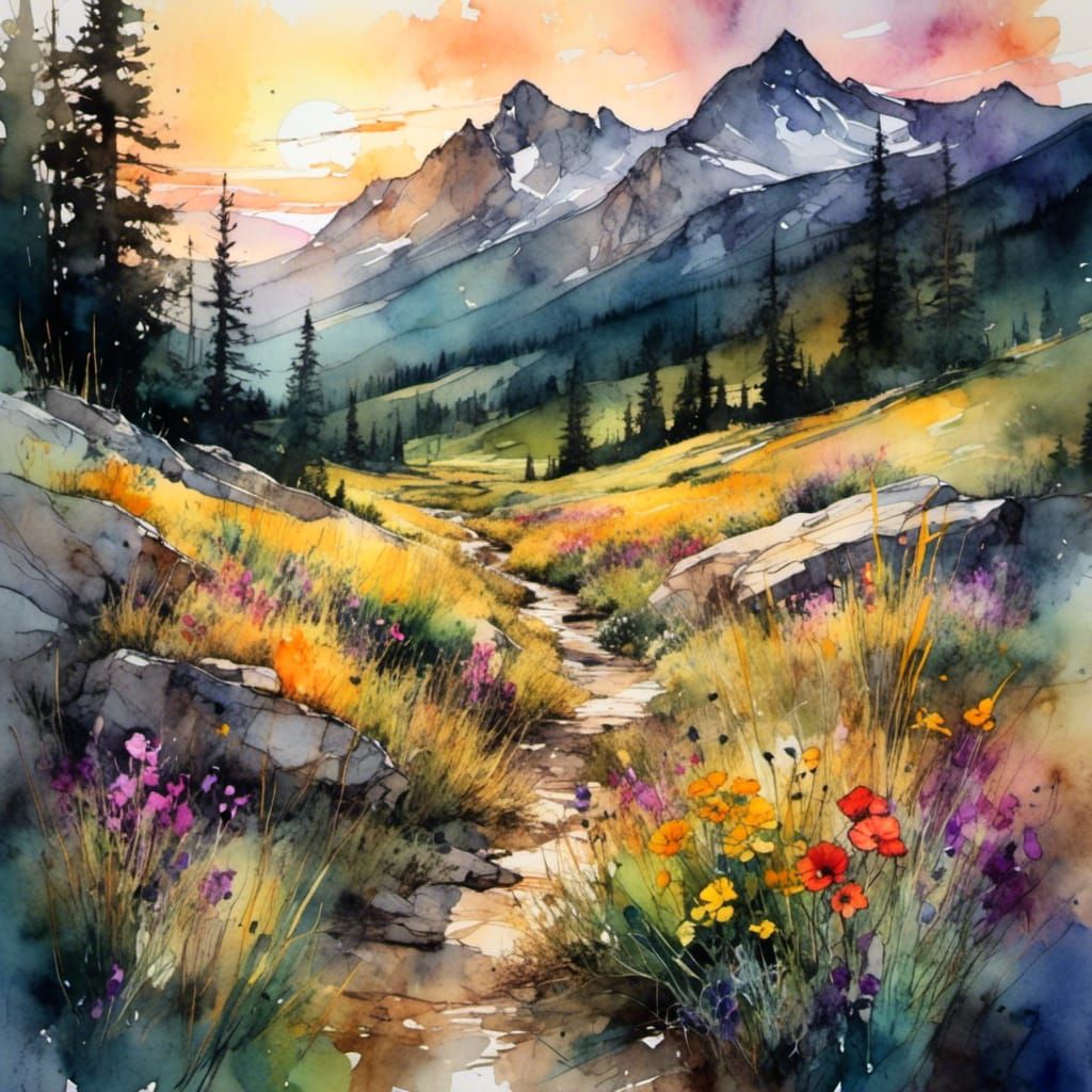Mountain Hike at Sunset in Watercolor Ink Style