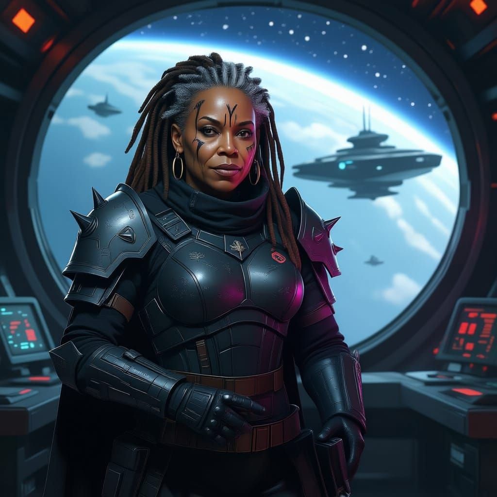 Elderly Black Space Pirate Captain in Gothic Armour