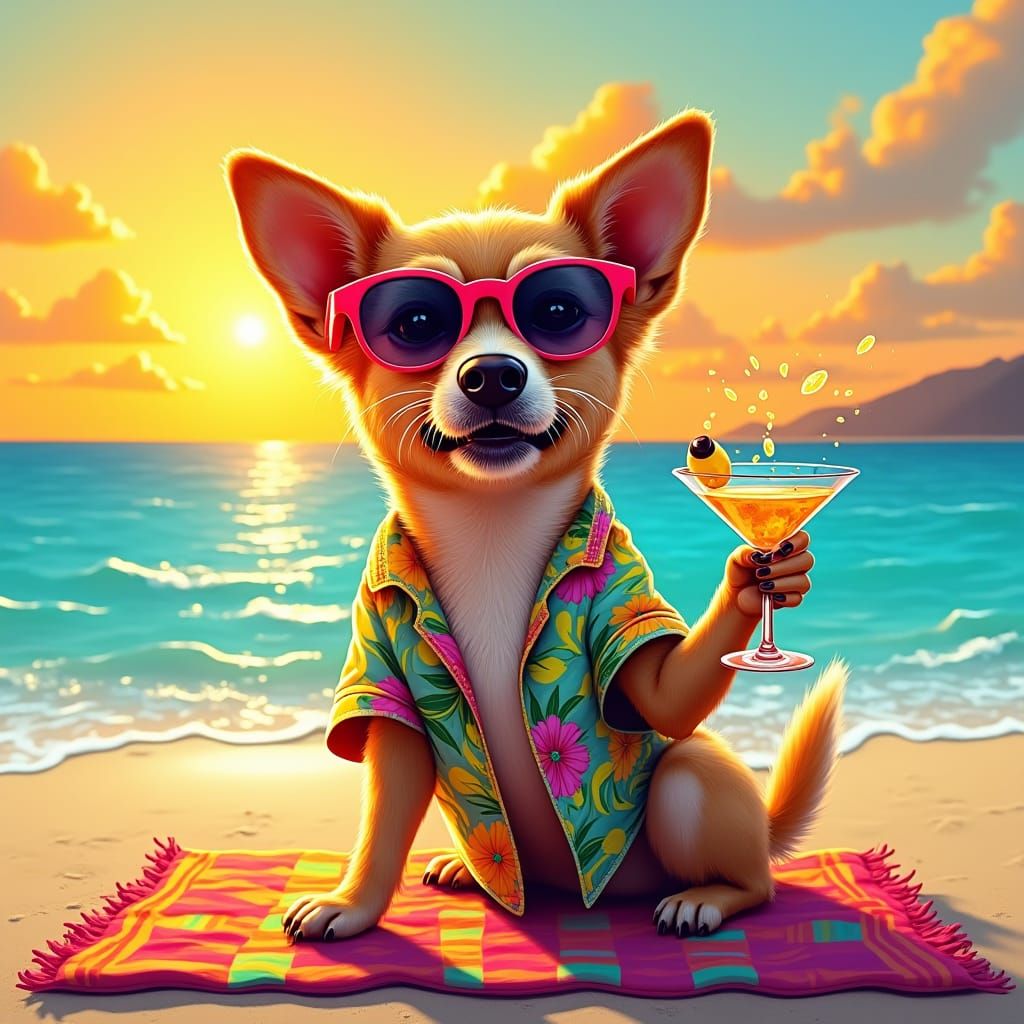 Dog Sipping Martini on Beach in Cubist Style