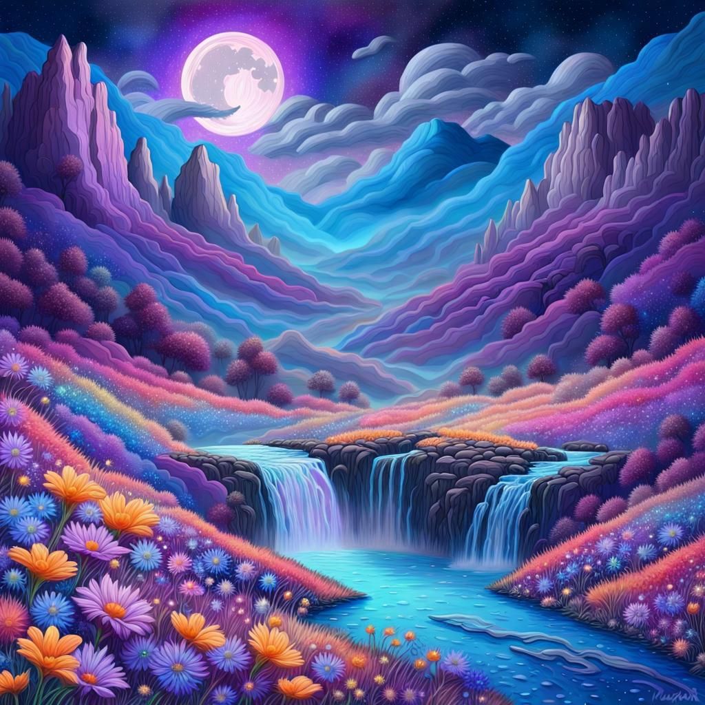 Luminescent Valley with Starry Night, Astral Illustration