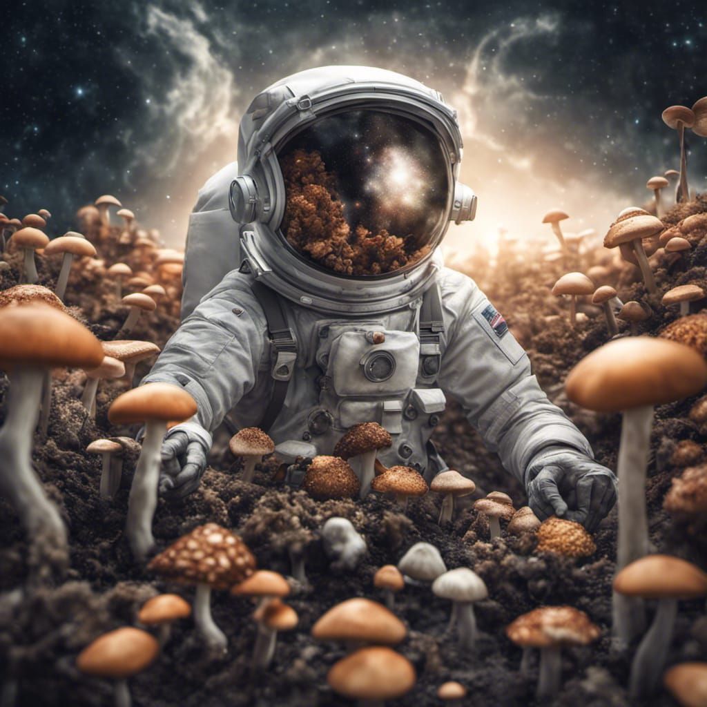 Astronaut Gardening Mushrooms in Spacesuit, Hyperrealistic