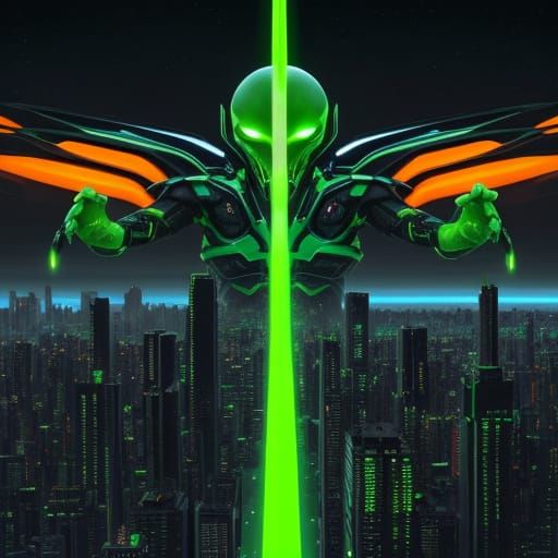 A glowing neon green and orange alien city with orange crystalline aliens called the G'Bani.