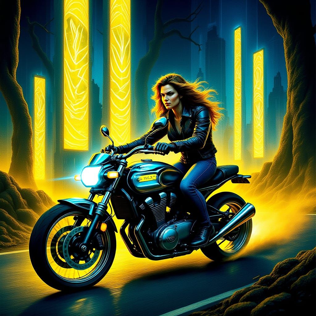 Cyberpunk Motorcyclist Speeds Through Neon Forest