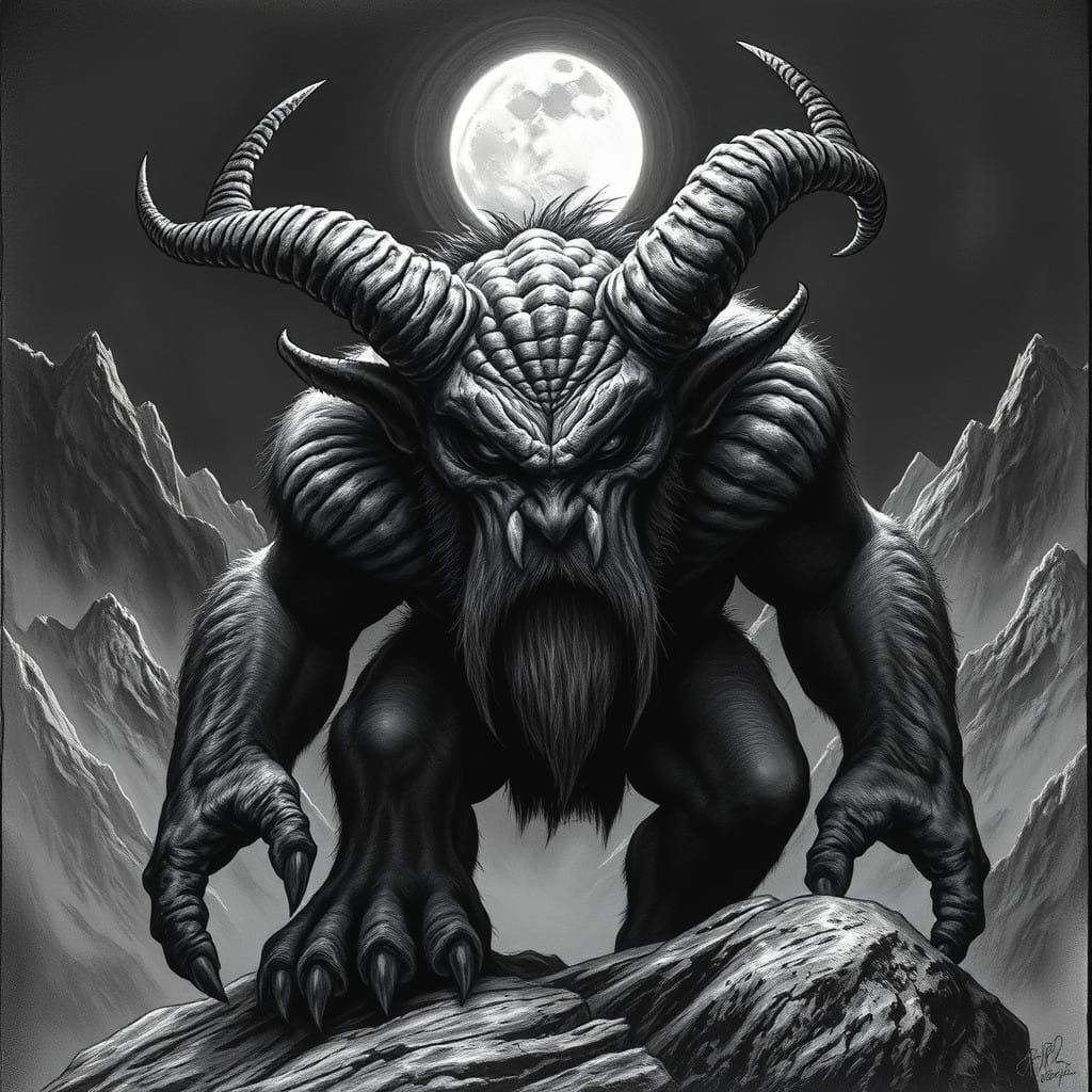 Mountain Troll in Moody Black and White Crosshatch