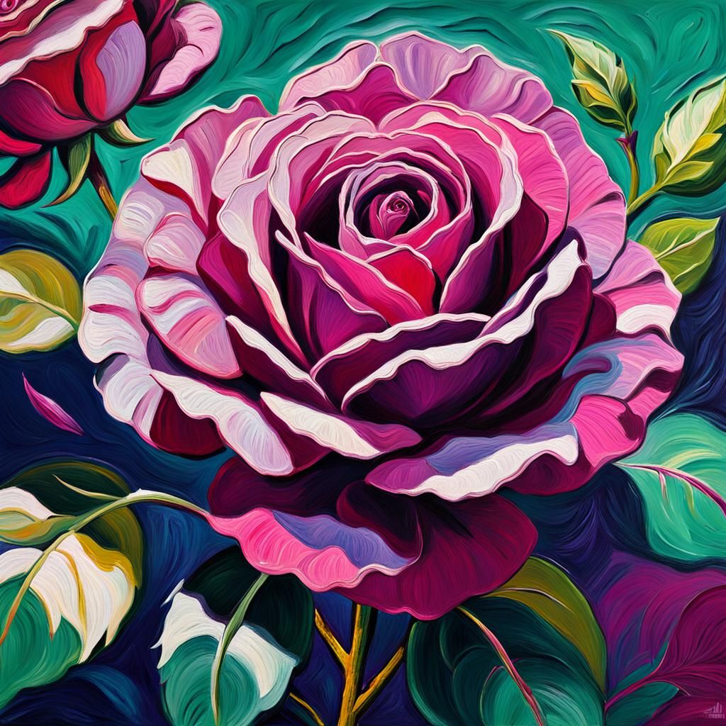 Fauvist Dortache Rose in Bloom, Oil on Canvas