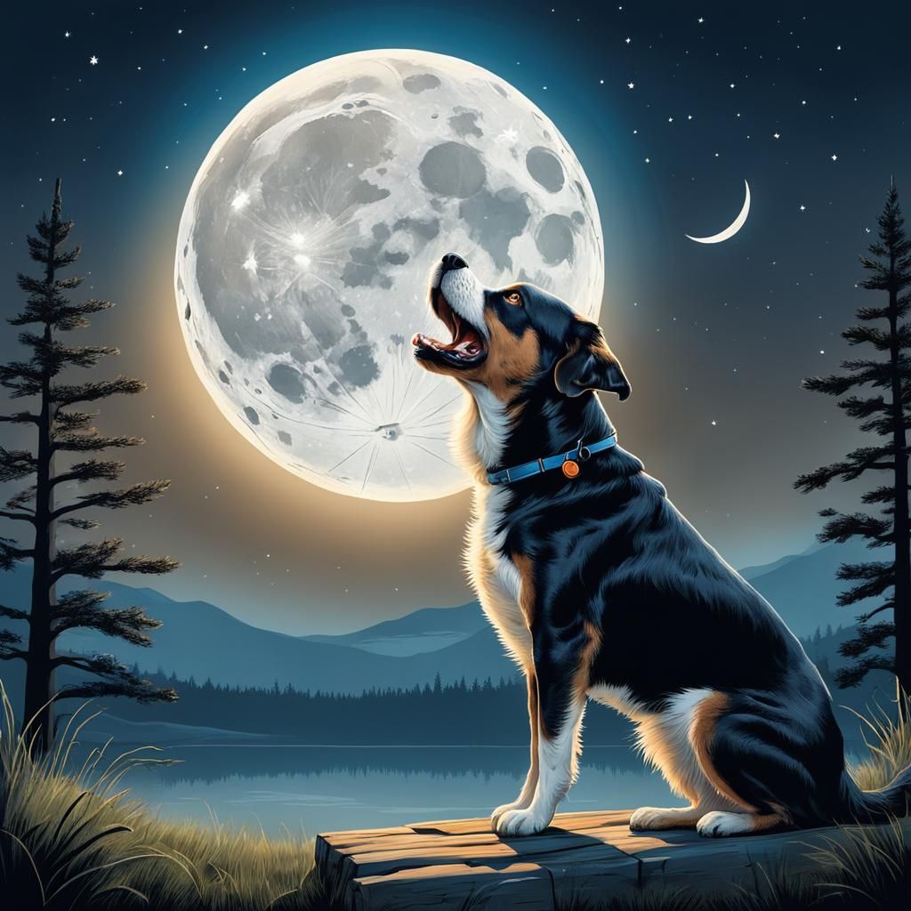 Dog Barking at Moon in Comic Book Illustration