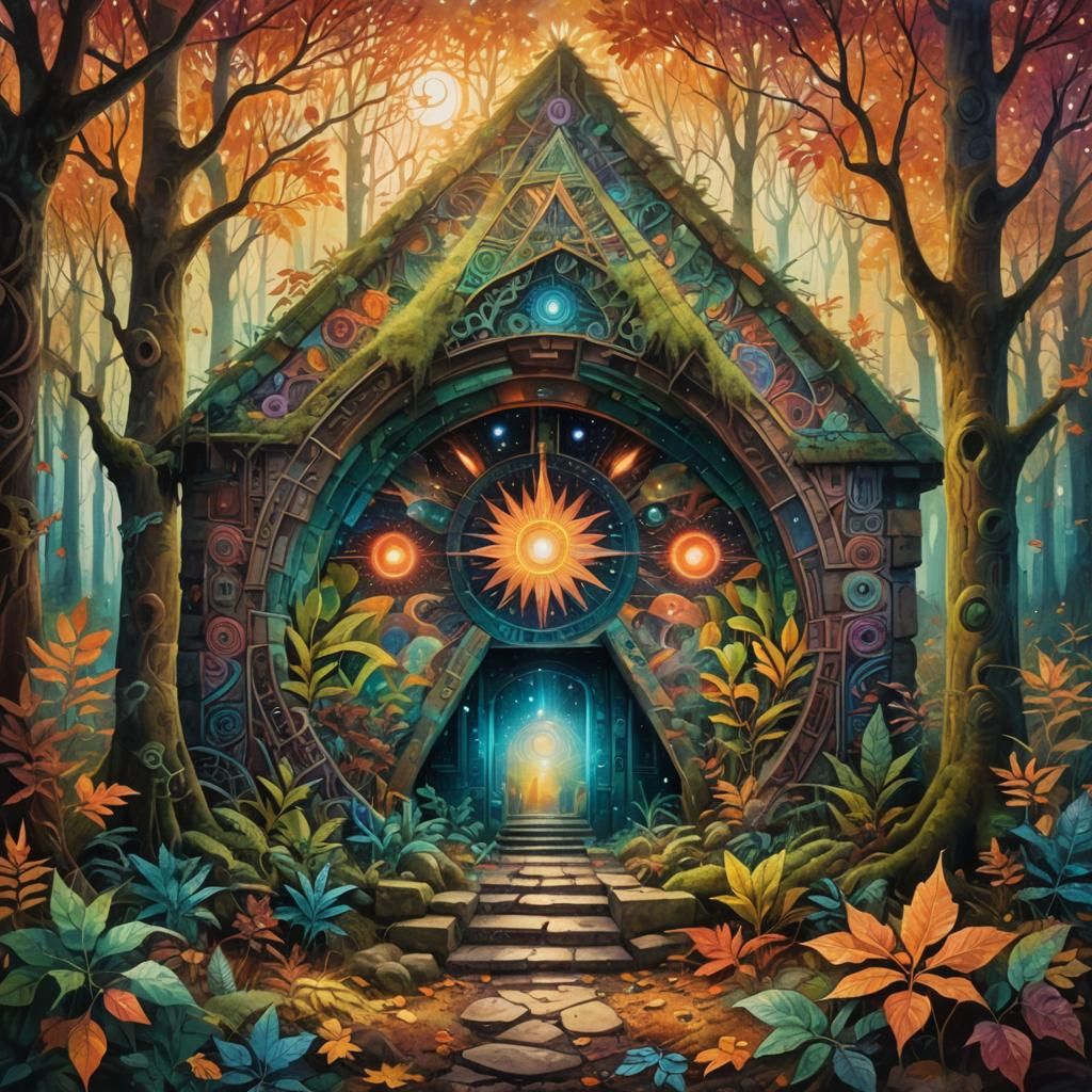 Autumn Bunker: A Cosmic Mixed Media Illustration