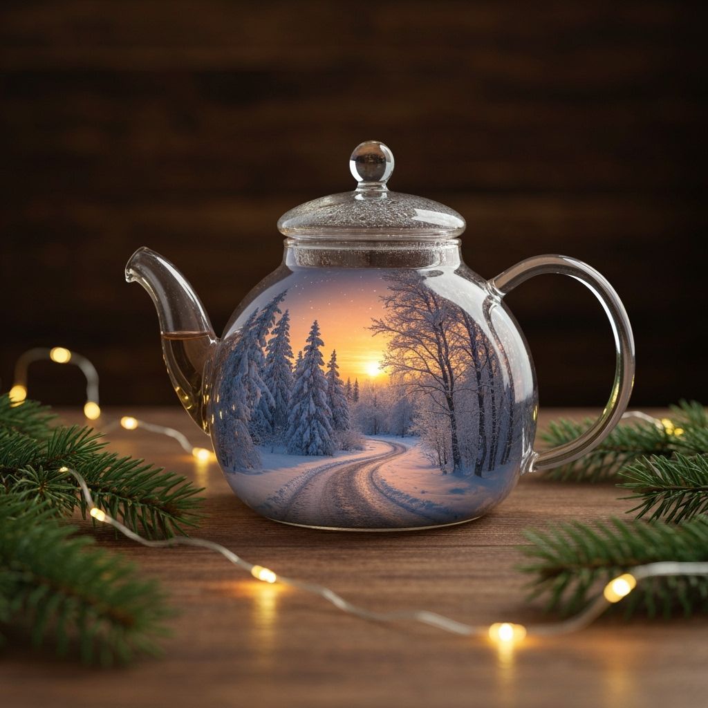 Glass Teapot With Winter Scene and Sunset, Photorealistic