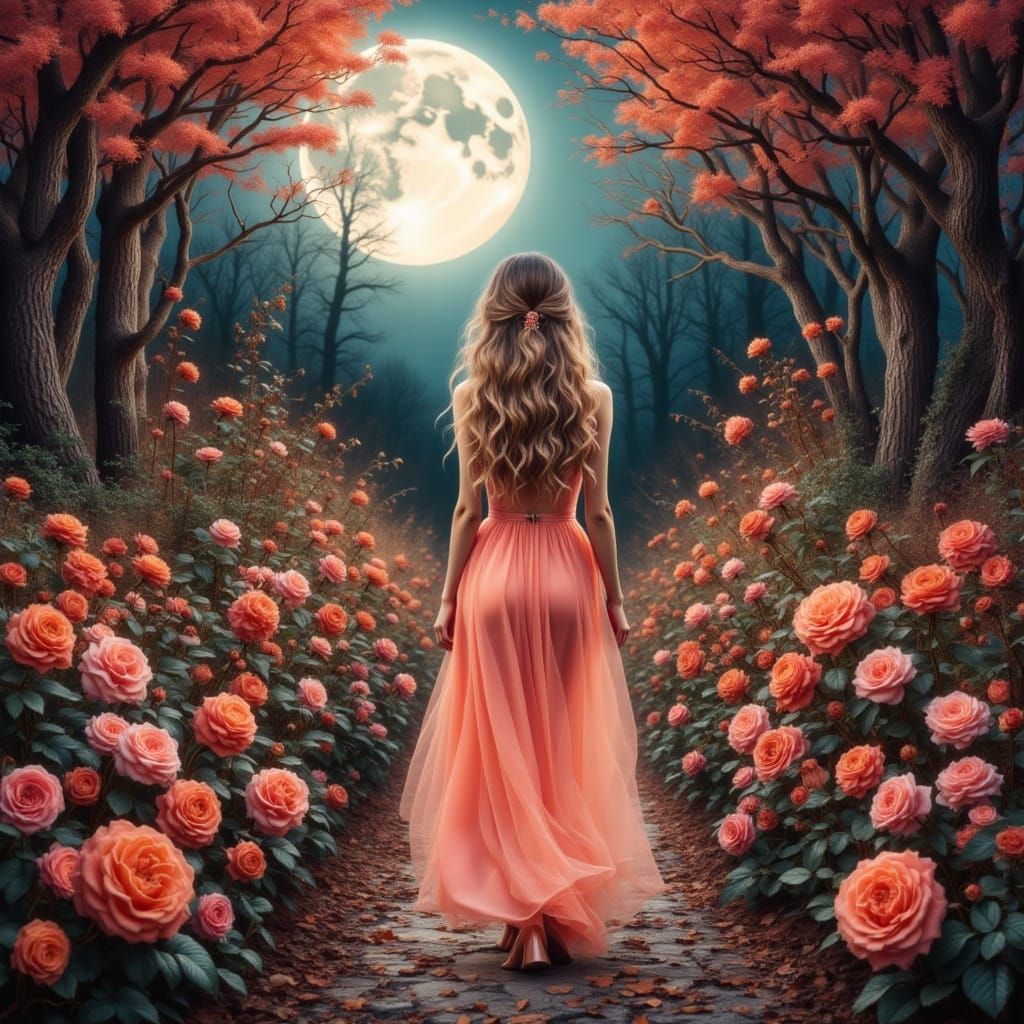 Moonlit Woman in Rose Garden, Dreamy Art Style