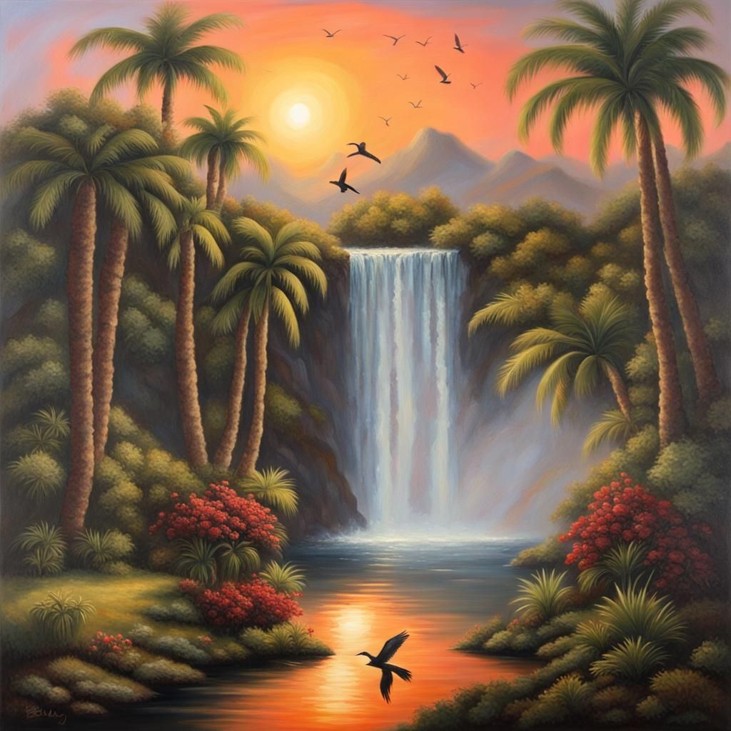 Tropical Island Oasis at Sunset in Oil Paint