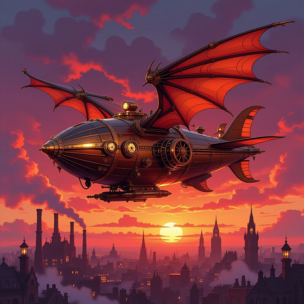 Steampunk Dragon Airship Soaring Over Victorian Metropolis