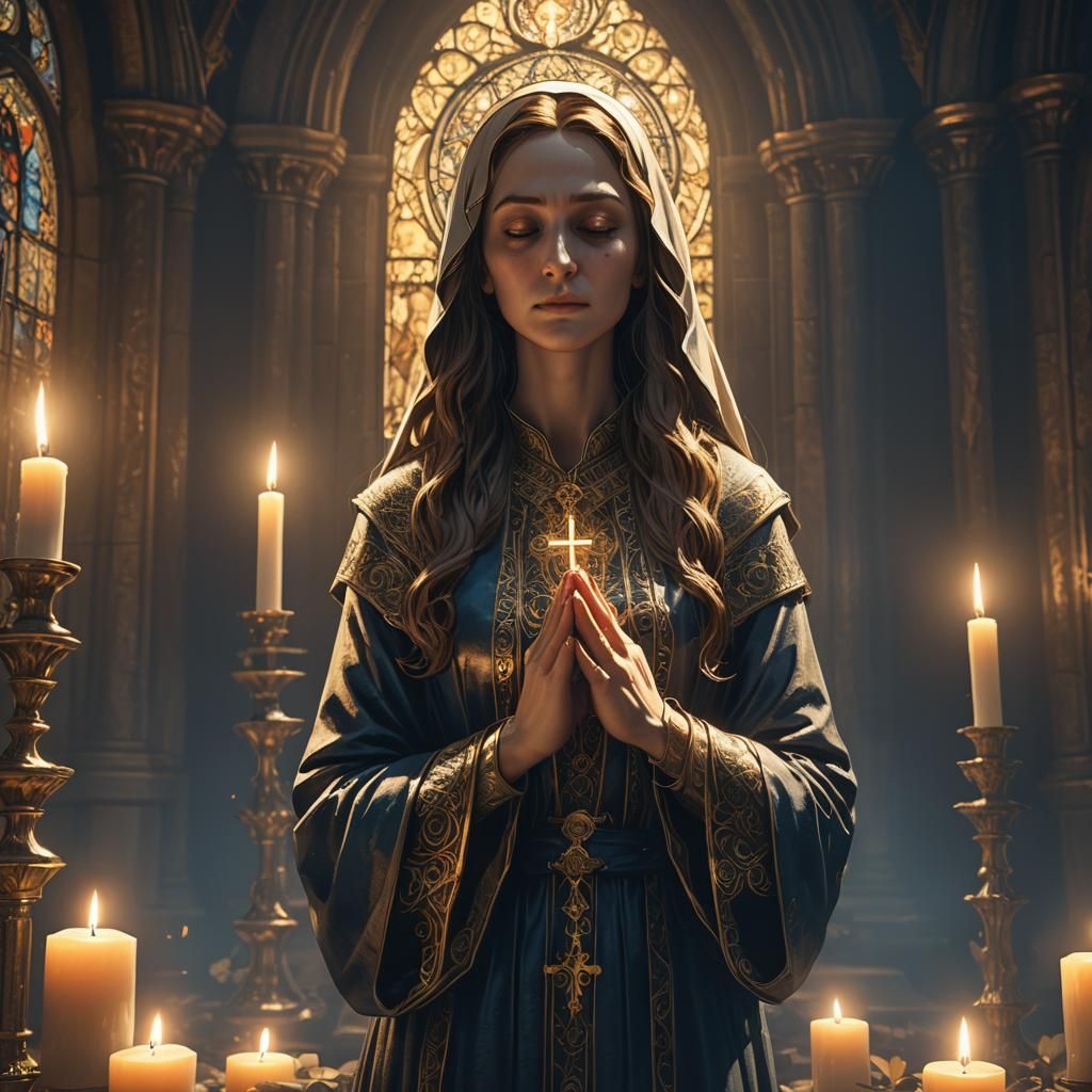 Saint Mary Praying in Gothic Chapel Concept Art