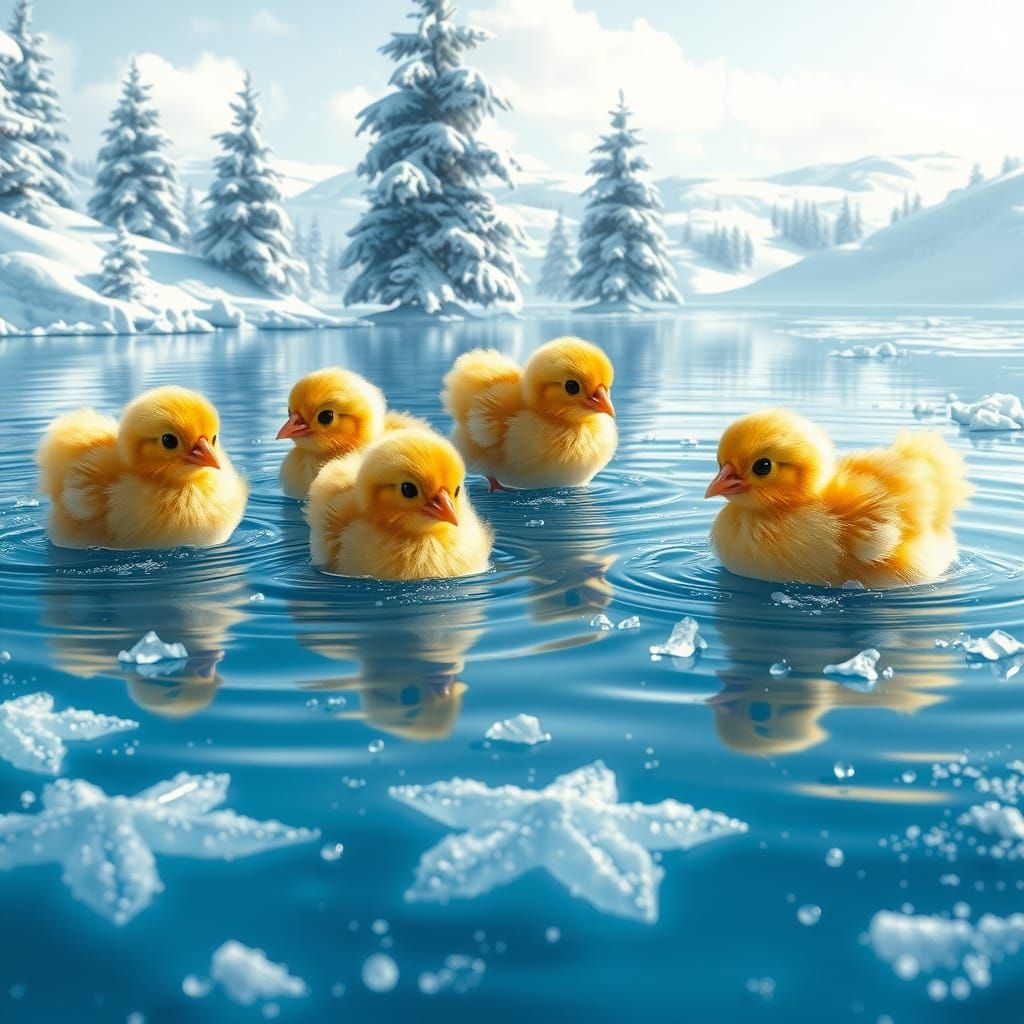 Yellow Chicks on Winter Lake: Matte Painting