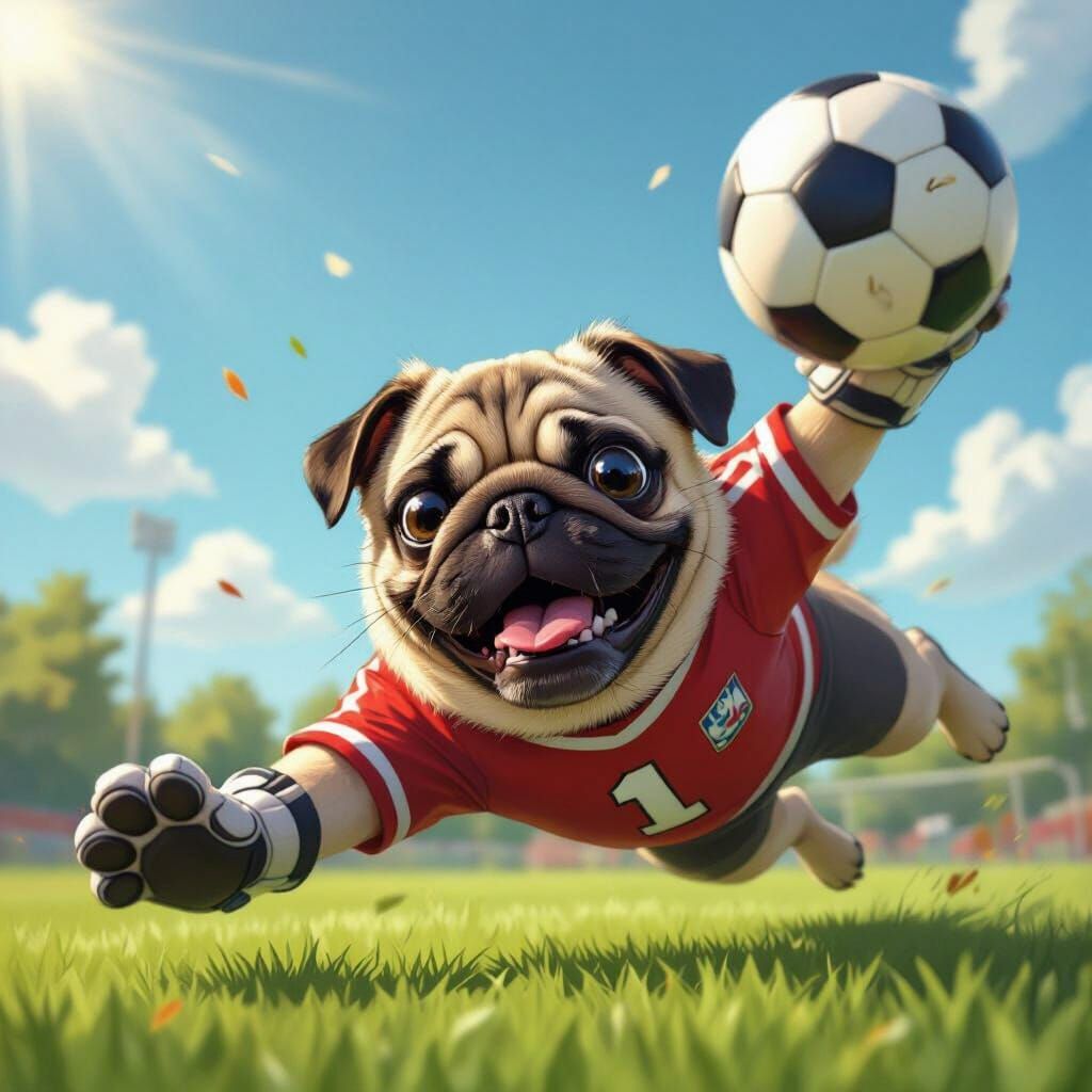 Pug Goalie Heroically Blocks Soccer Ball in Comic Style