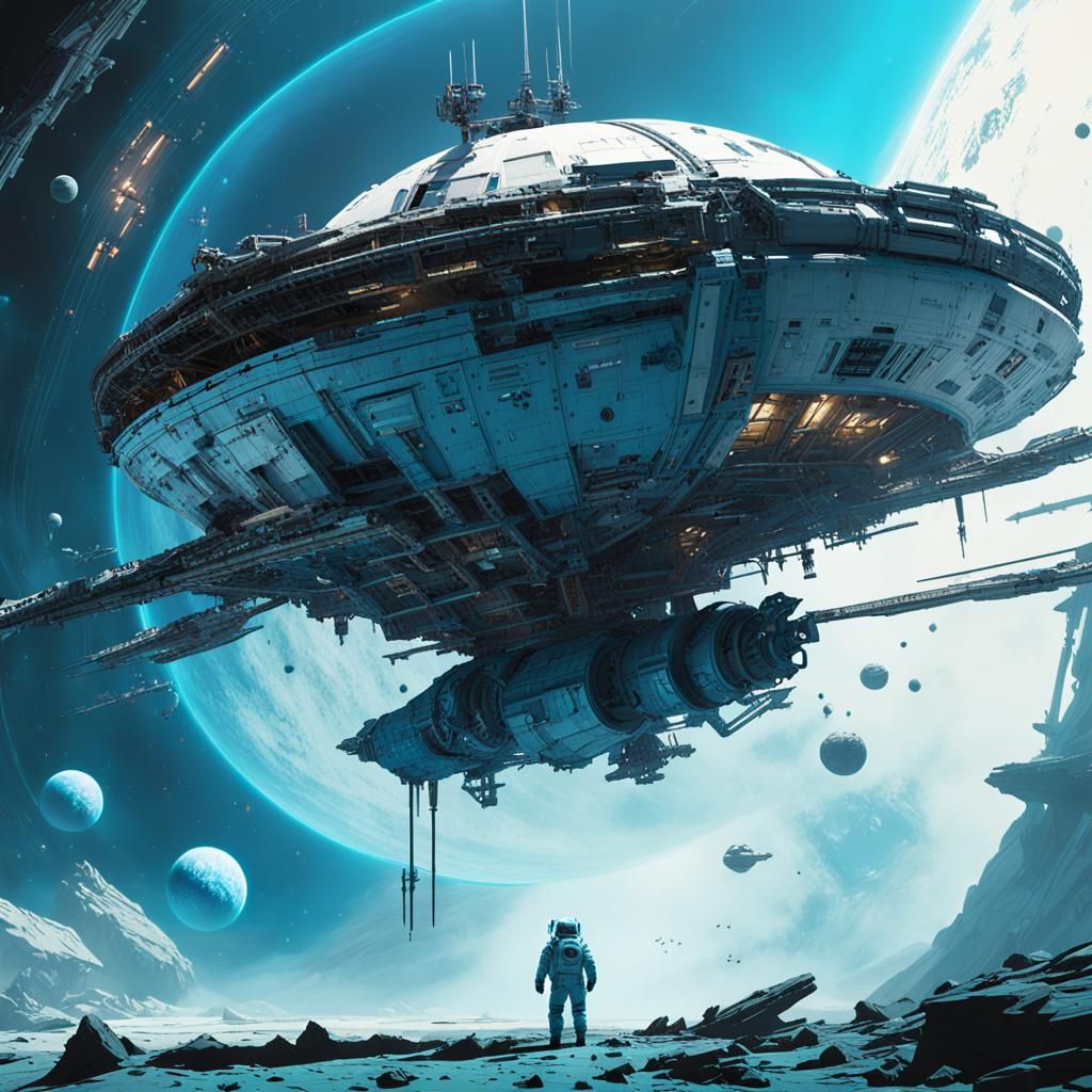 Astronaut Suspended Beneath Blue Planet in Sci-Fi Minimalism