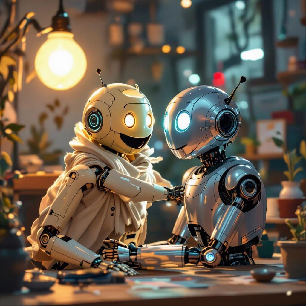 Robotic Friends Embrace in Digital Painting