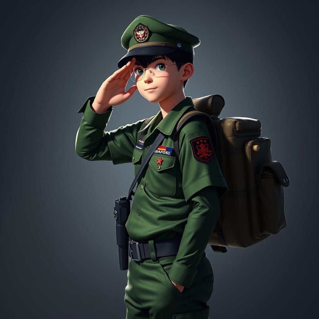 Teen Soldier Salutes in Dramatic 3D Anime Style