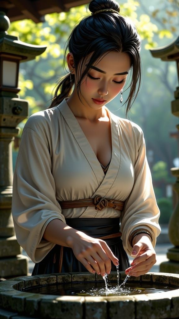 Woman Cleansing Hands At Shinto Shrine In Japanese Ink Wash ...