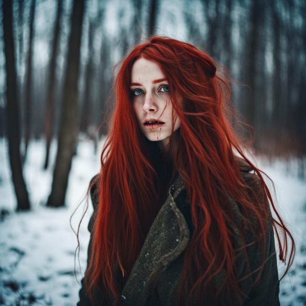 Mysterious Redhead in Apocalyptic Winter Countryside