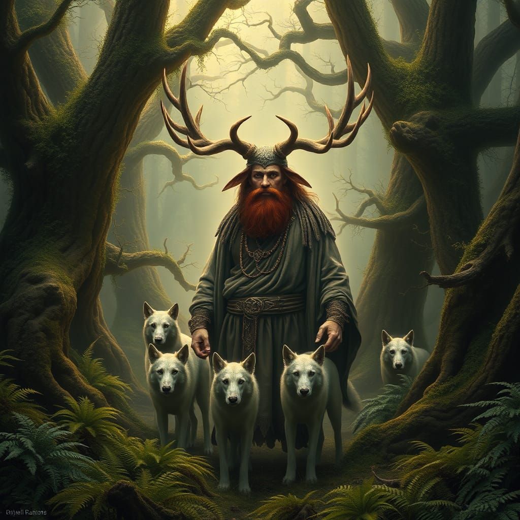 Celtic Deity Cernunnos in Primeval Forest, Fantasy Art