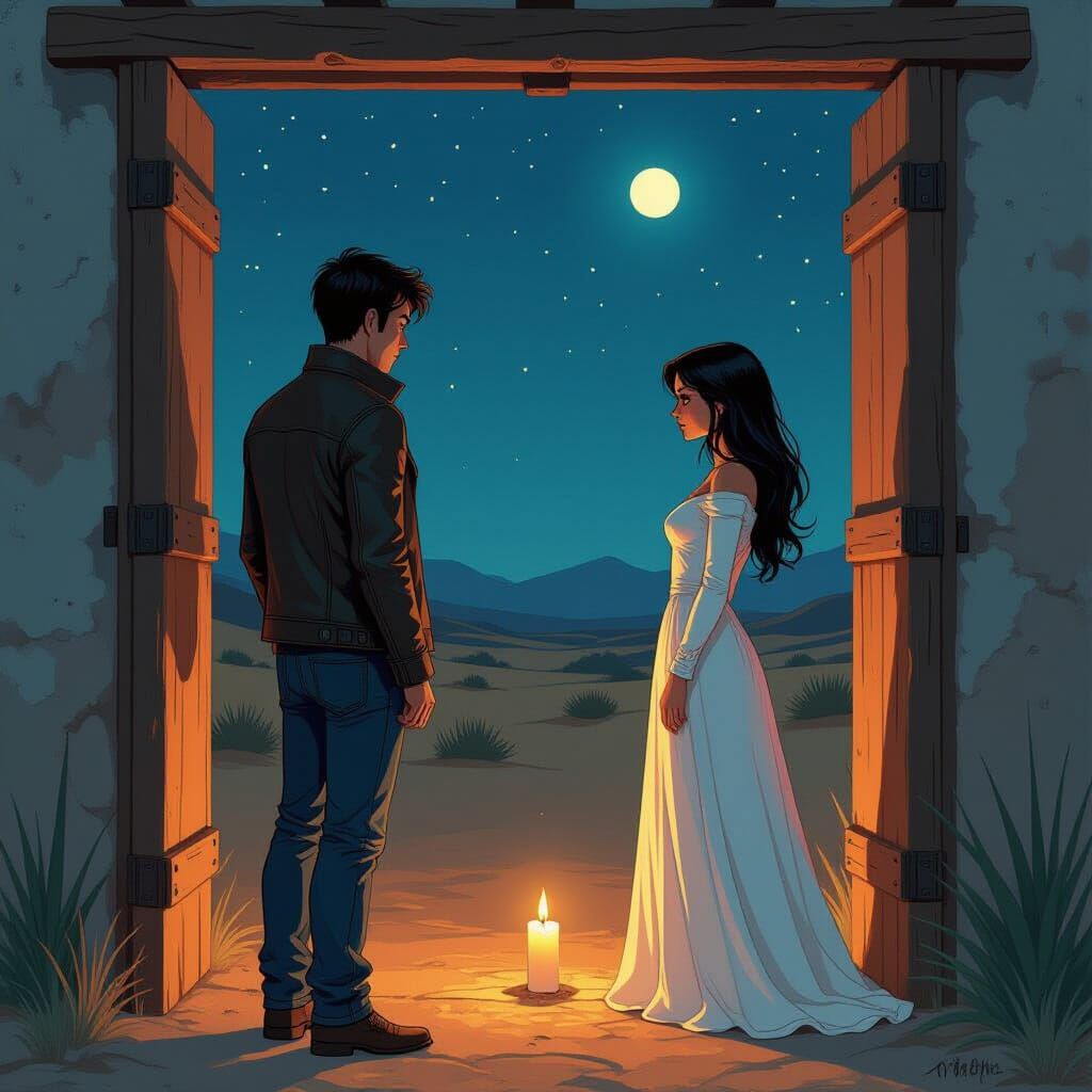 Traveler at Desert Inn Under Starry Sky