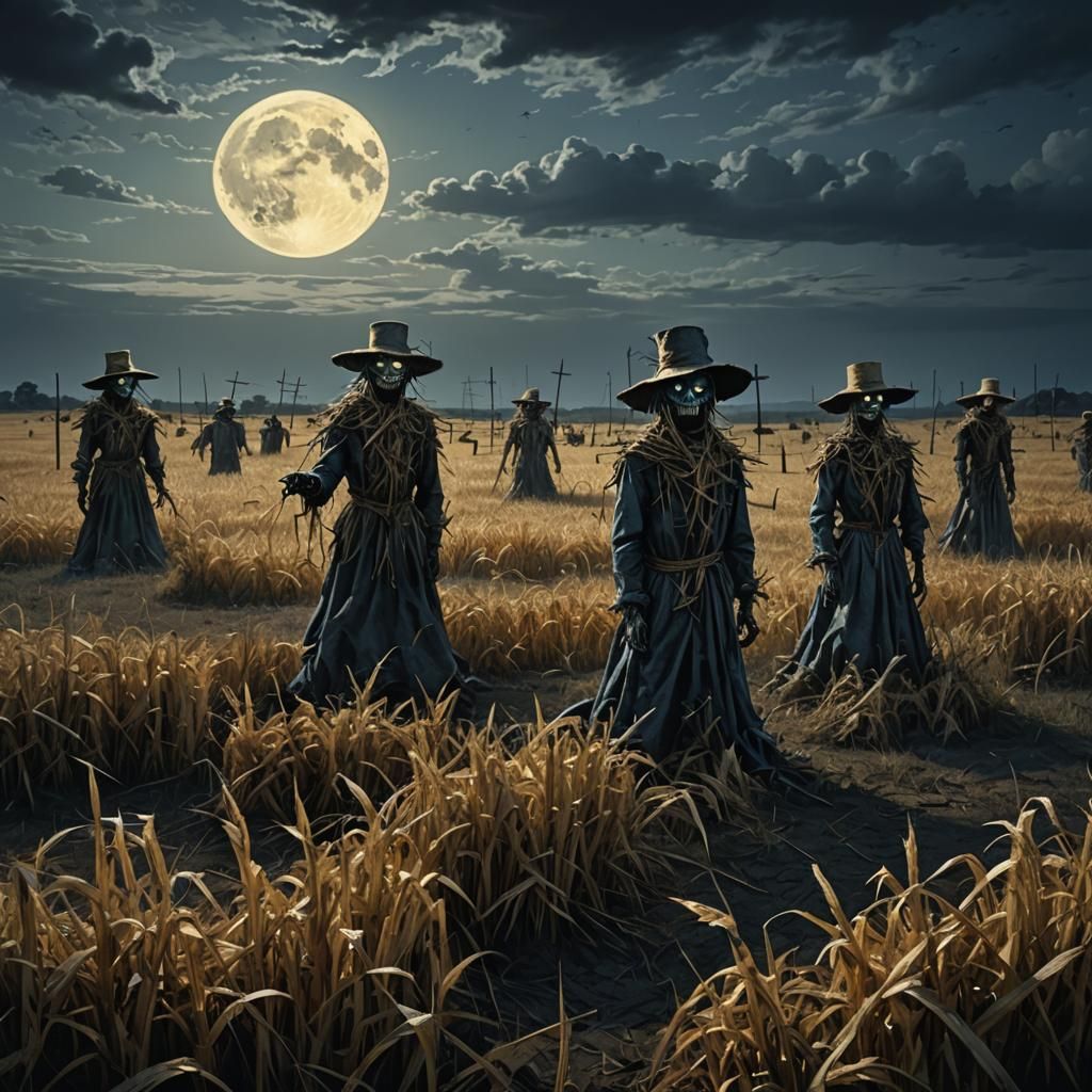 Ominous Scarecrows in Dimly Lit Field