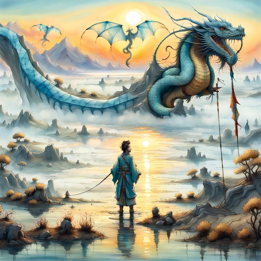 Dragon Kite Soaring Over Foggy Oasis at Sunset