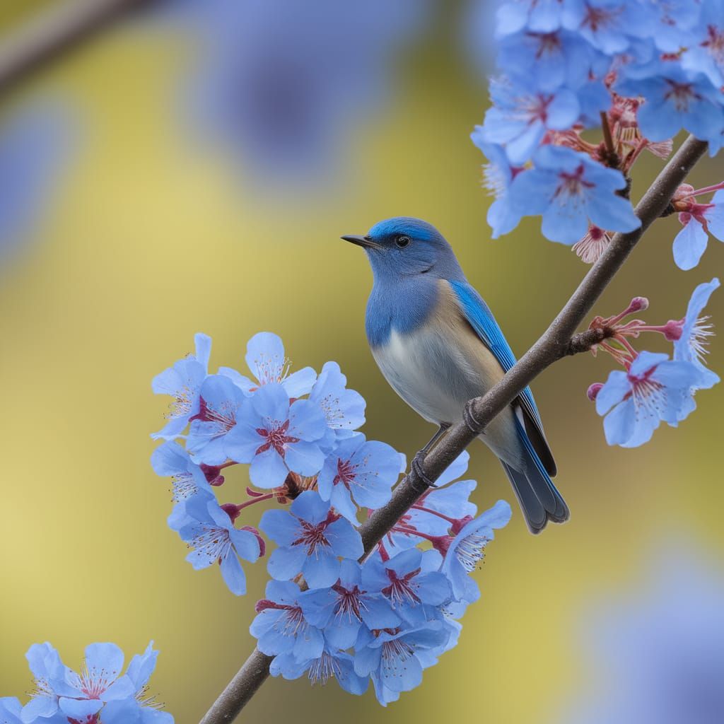 Mountain Bluebird with Blue Blossoms, Professional Photograp...