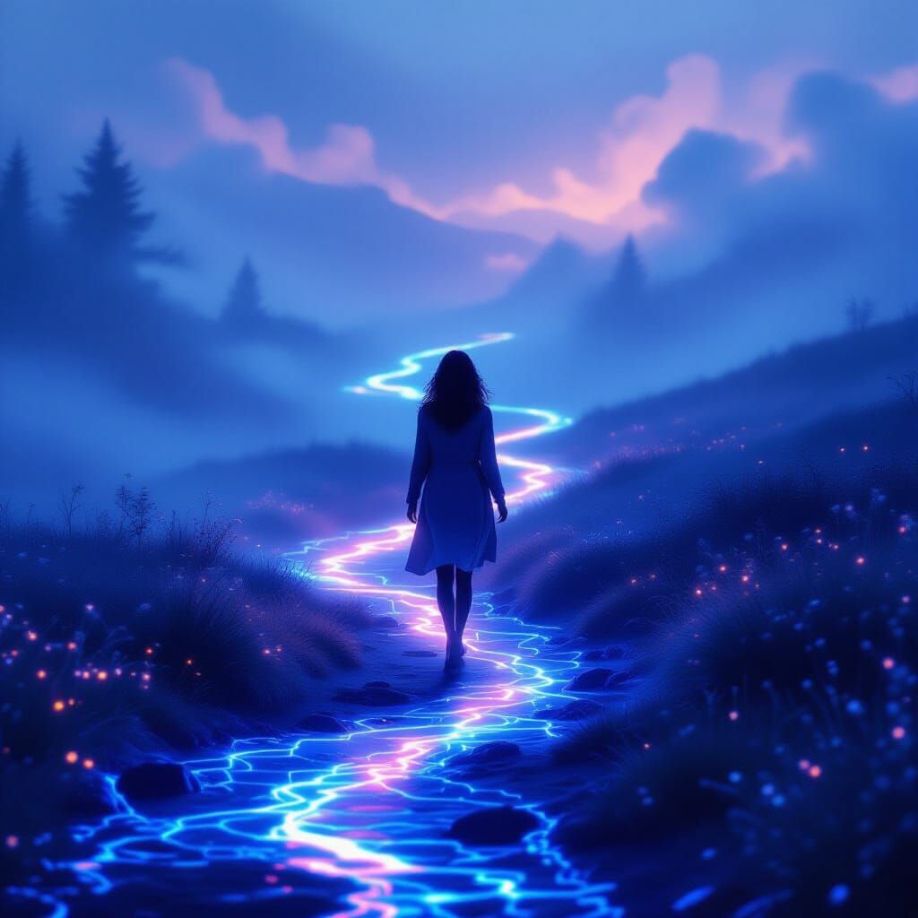 Woman Steps Onto Glowing Path of Light