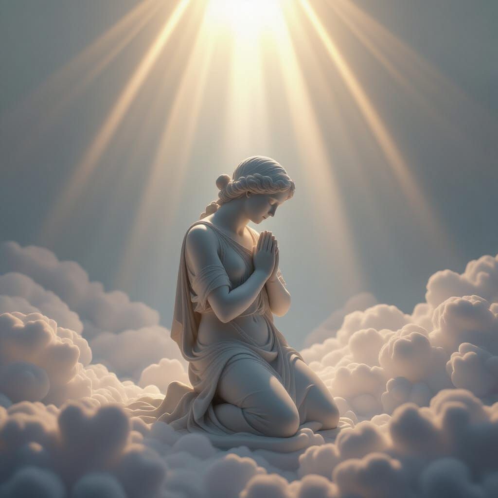 Marble Figure Ascends into Ethereal Clouds