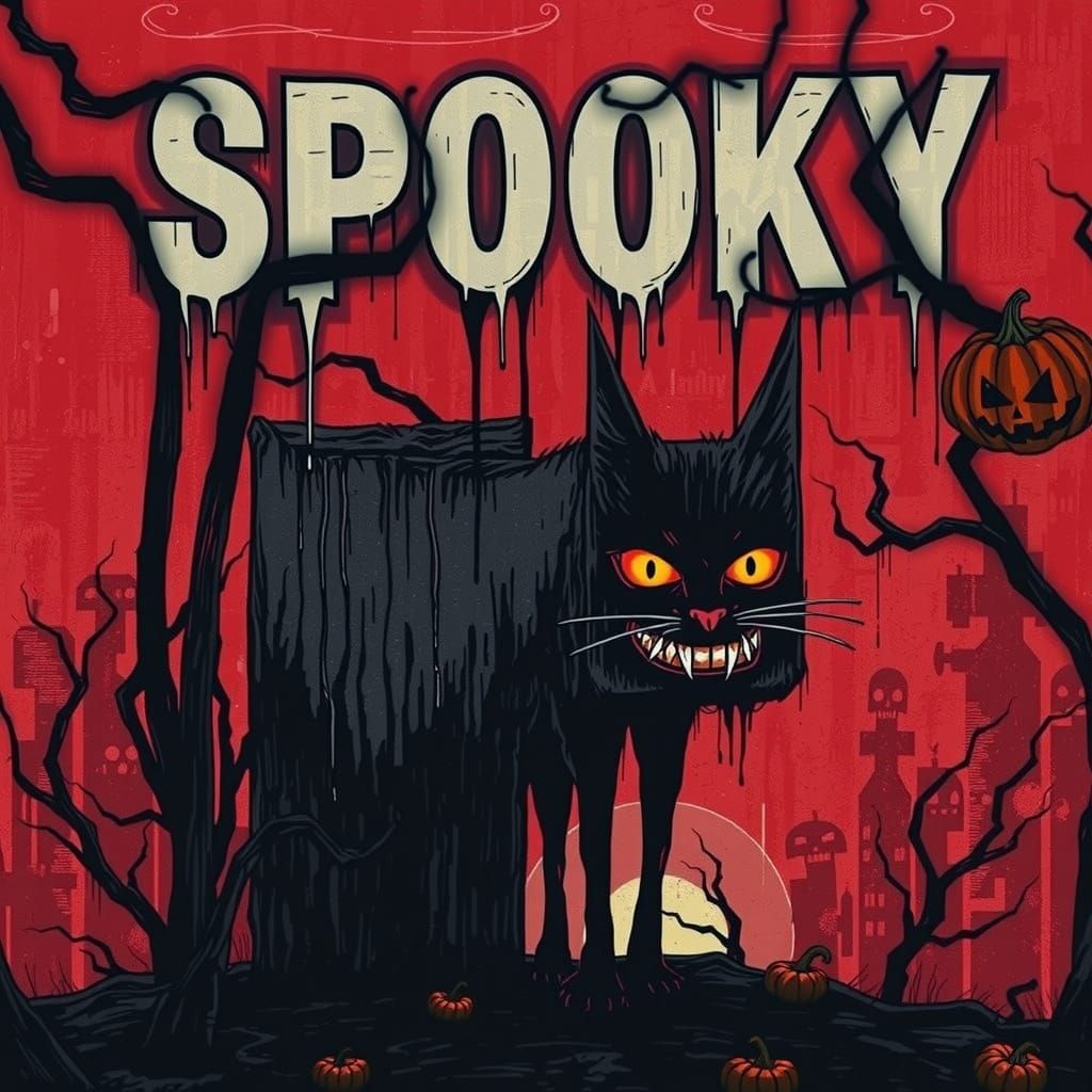 A large, tall, wide top and bottom  border with pumpkins inside. A dark, gritty mixed-media poster featuring bold, expre...