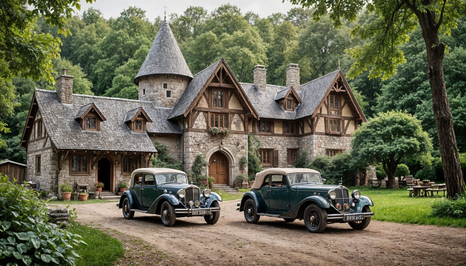 Vintage Automobiles in Enchanted Forest Setting