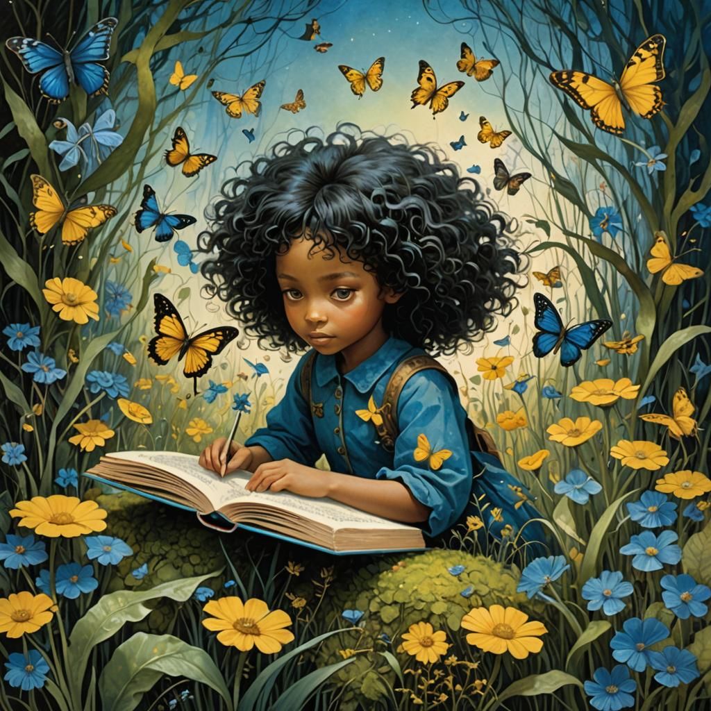 Miniature Girl's Surreal Garden Journey in Watercolor Style