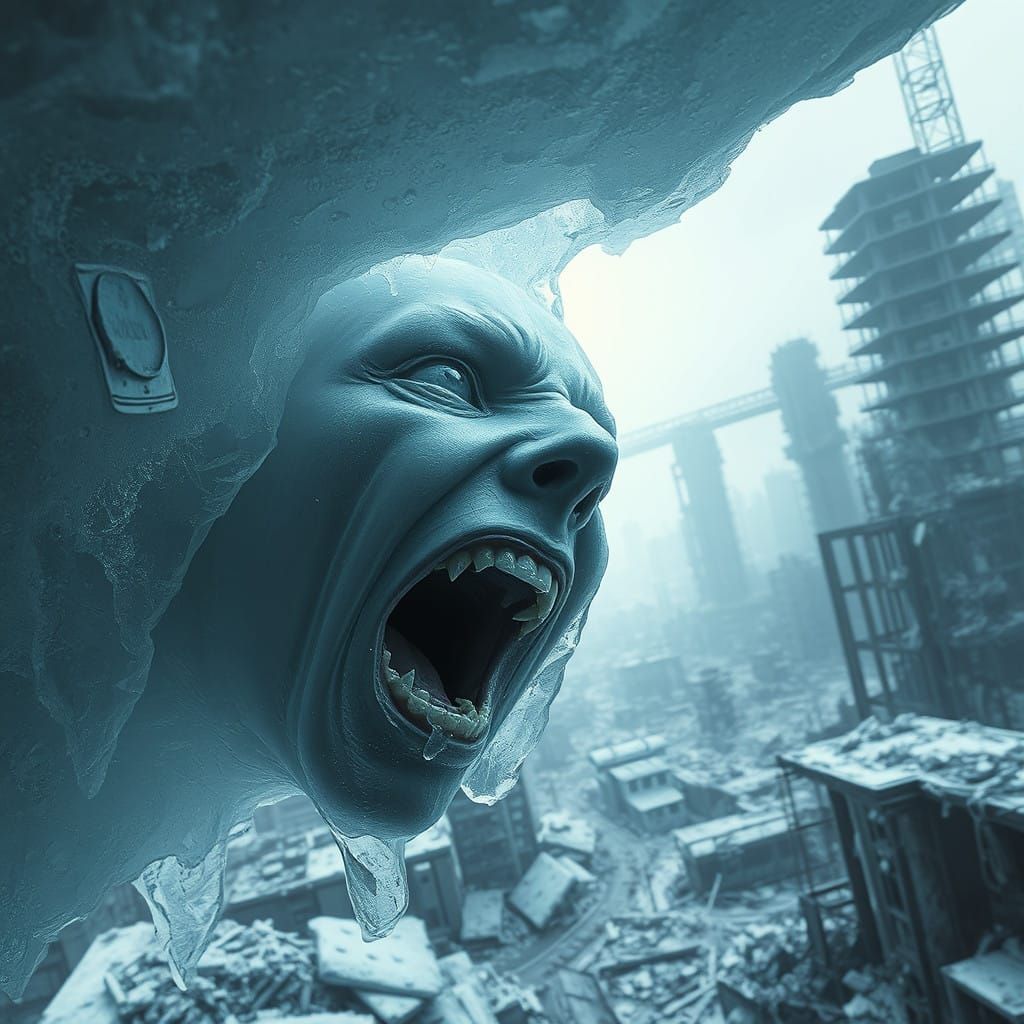 Frozen Human Face in Post-Apocalyptic Wasteland