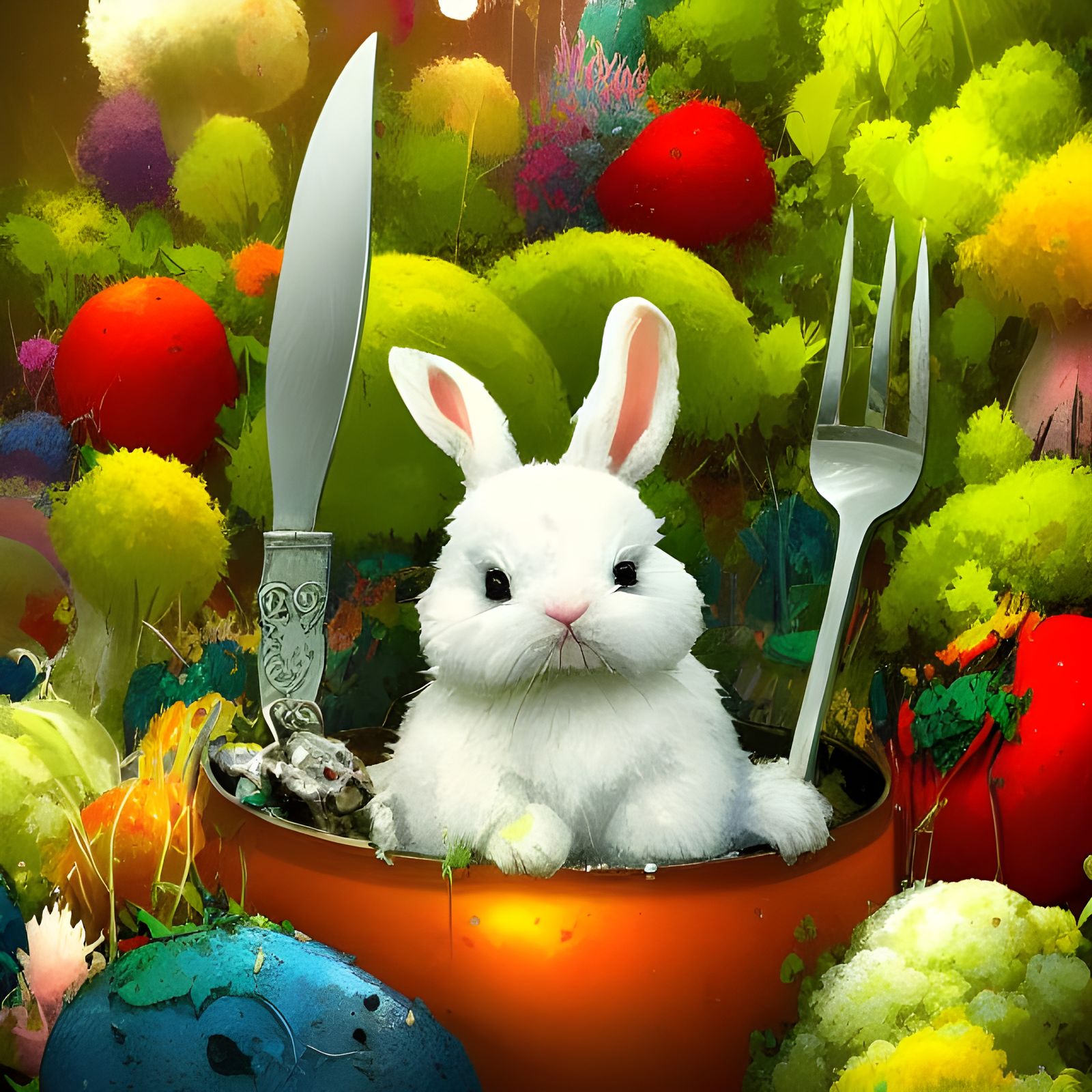 Fluffy White Bunny in a Pot of Flowers