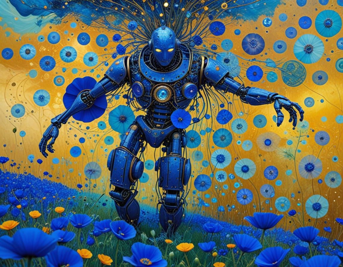 Steampunk Robot in a Field of Blue Poppies