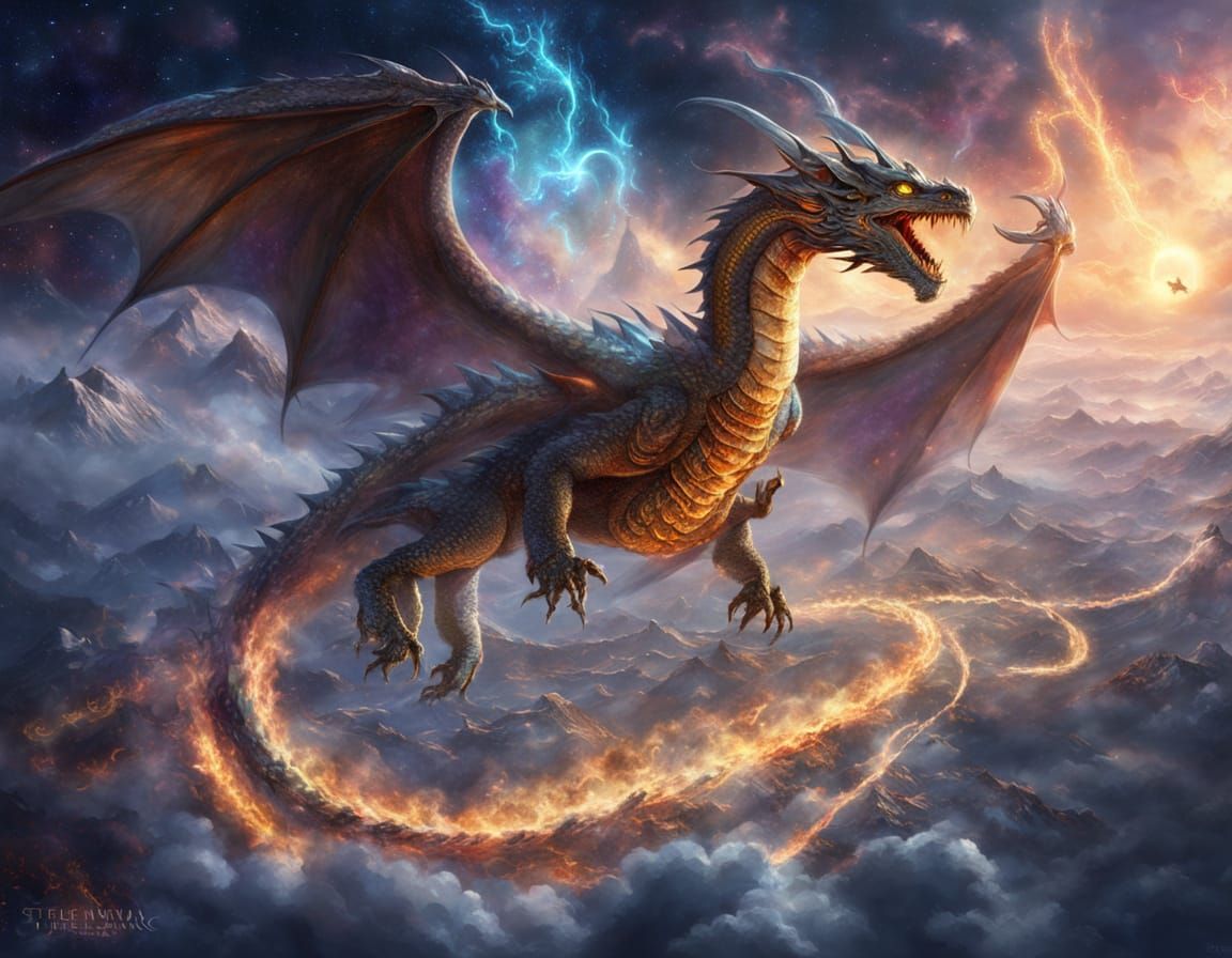 Cosmic Dragon Above Earth in Luminous Fantasy Art