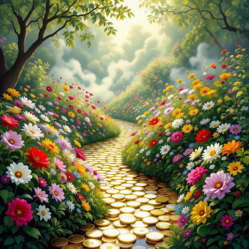 Whimsical Money Garden in Dreamy Golden Light