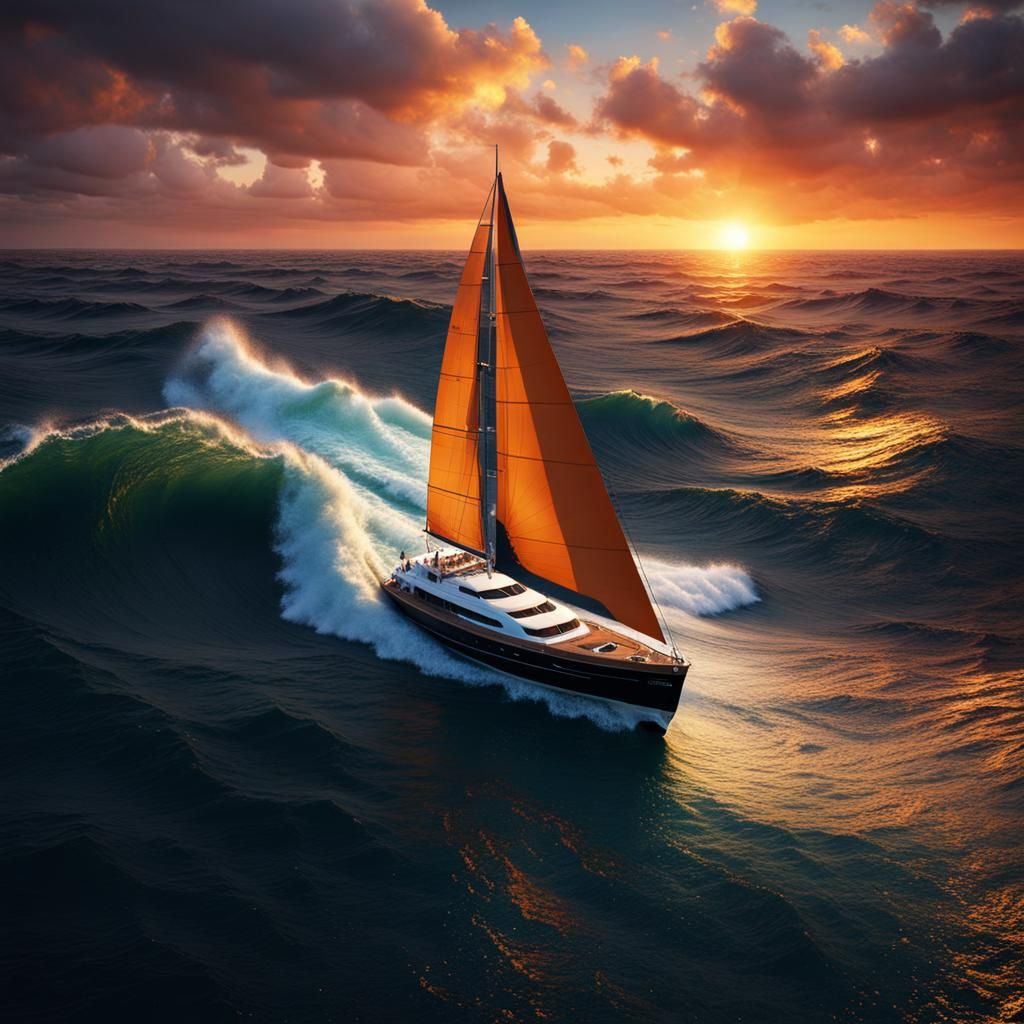 Yachting the Stormy Sunset Sea: Fantasy Concept Art