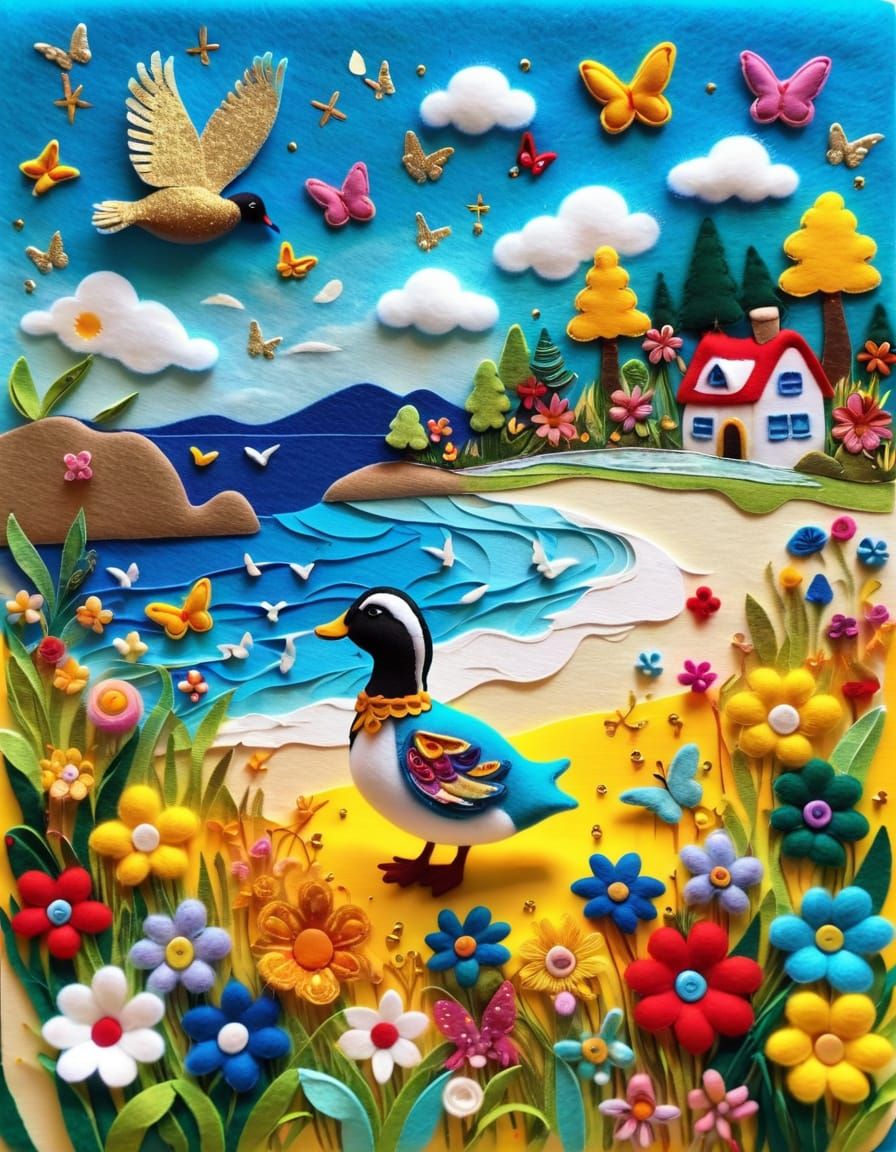 Colorful Felt Quail Enjoying Beach Holidays with Butterflies