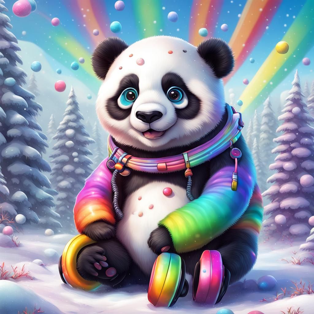Panda Bear in Snow with Rainbow Headphones