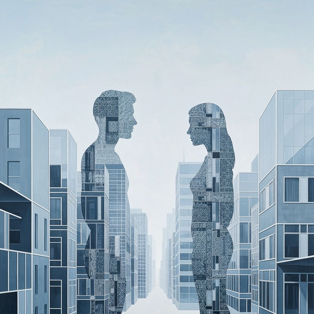 Surreal Transparent Figures in Cityscape