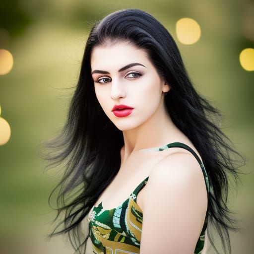 Hyperrealistic Girl with Black Hair and Green Eyes