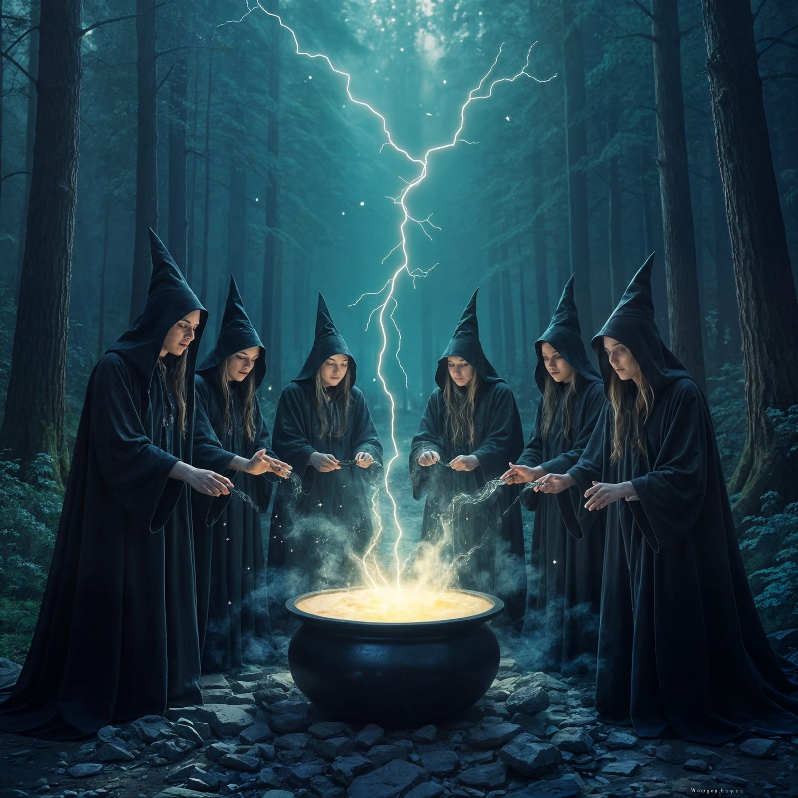 Witches Ritual Under Aurora Sky With Glowing Runes