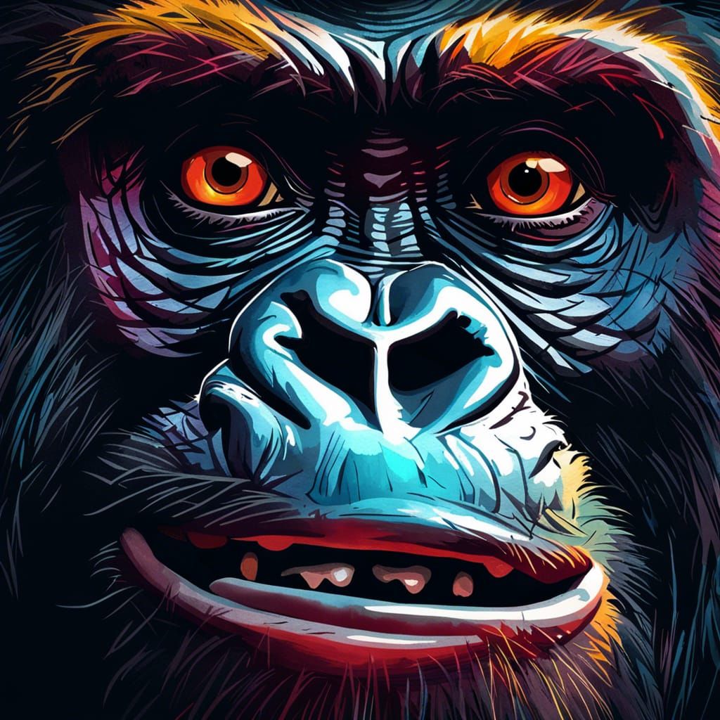 Neon Gorilla Portrait in Digital Watercolor Style